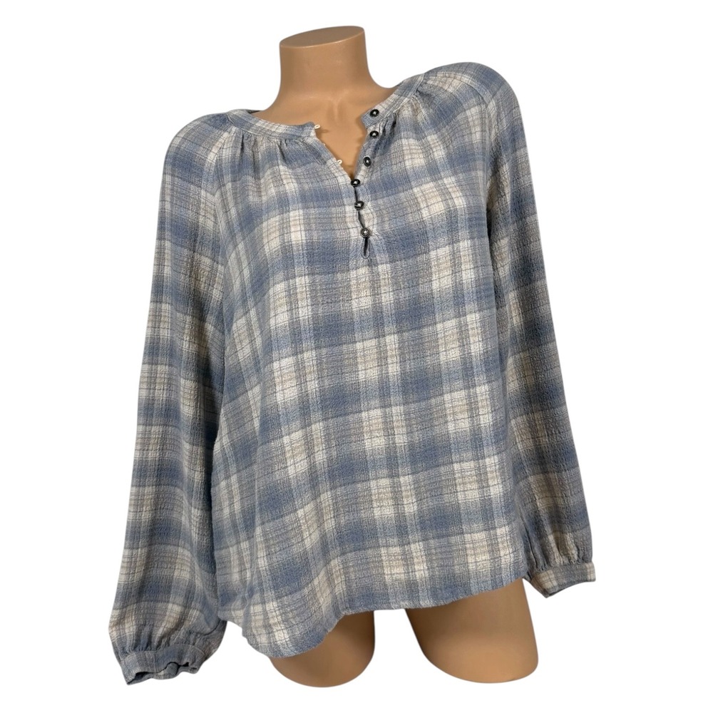 Bearpaw Women's Plaid Henley Blouse Blue Cream Long Sleeve Relaxed‎ Size Medium